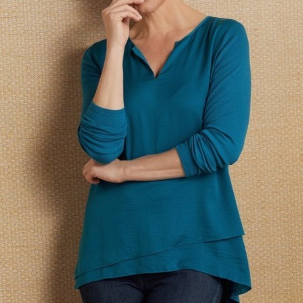 Soft Surroundings Alix Teal Blue Layered ribbed back top size small